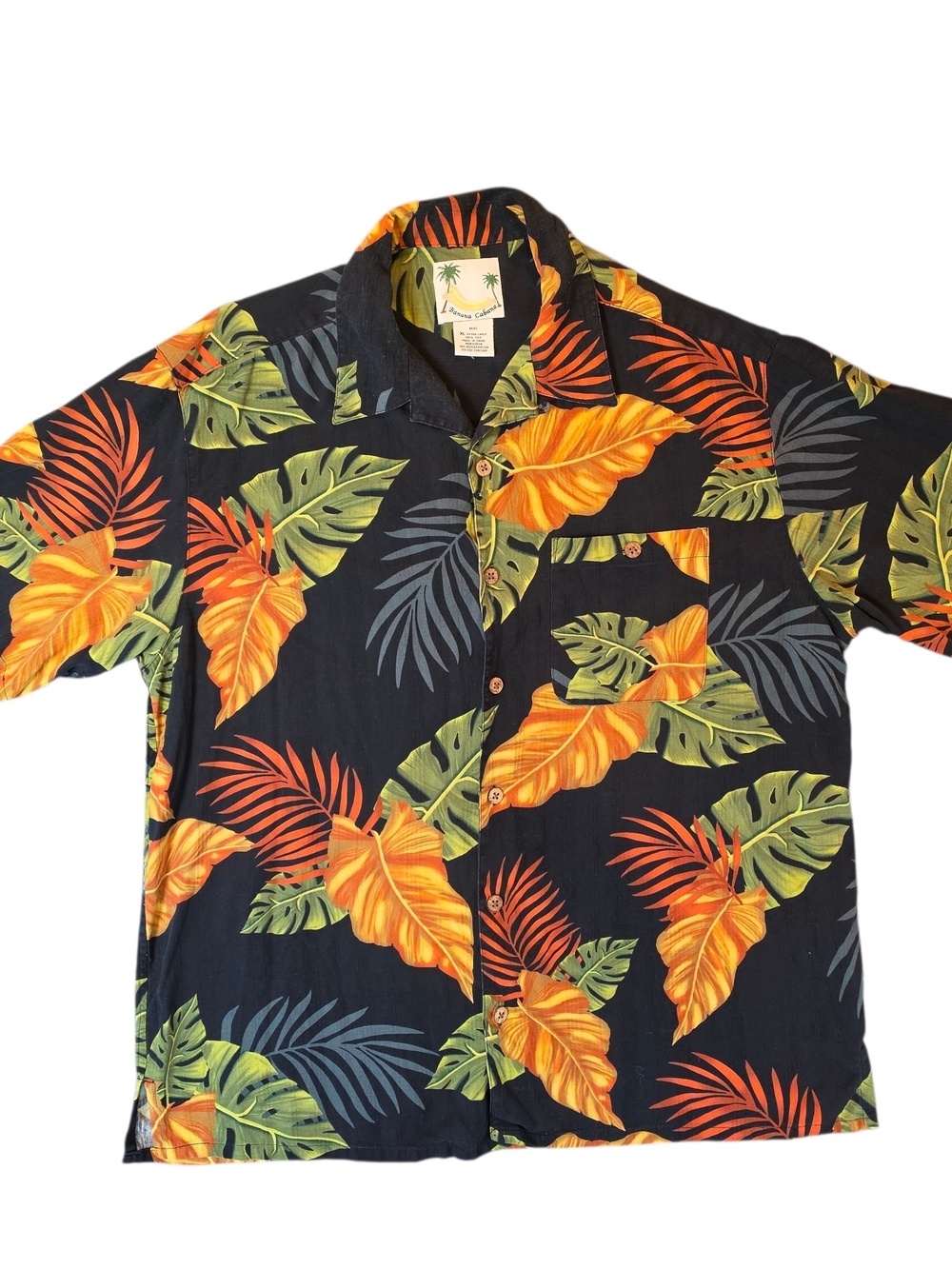 Banana Cabana Mens Shirt XL Black Orange Hawaiian Silk Floral Tropical Travel